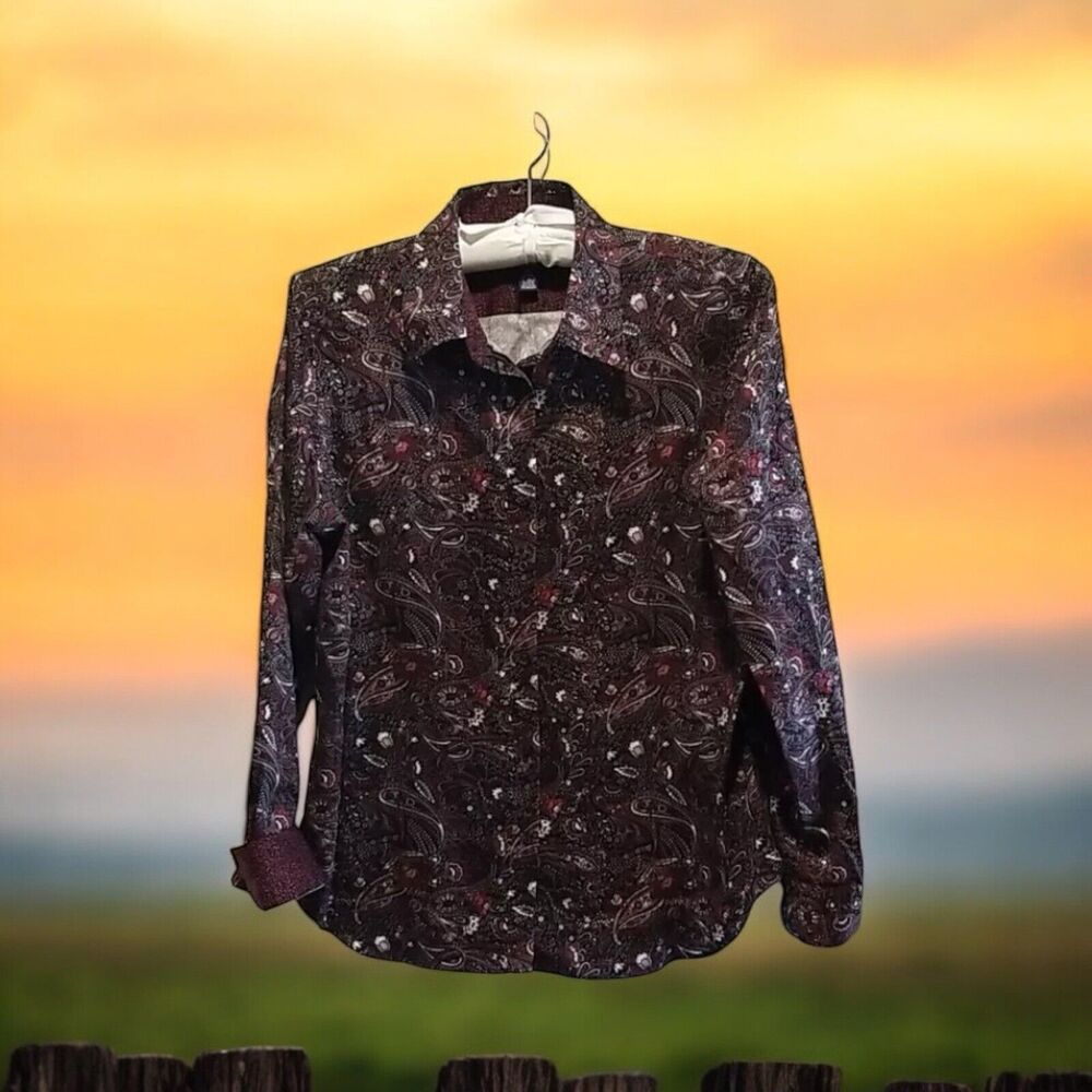 Chaps No Iron Womens Paisley Long Sleeve Button Shirt Size L Black Red Taupe Top